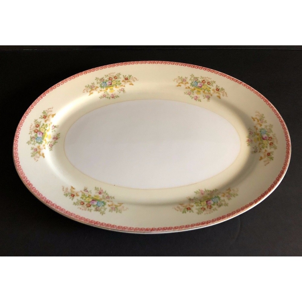 Meito China Oval Platter 14" x 10" MEI416 Red Edge Floral Flowers Bouquet Japan